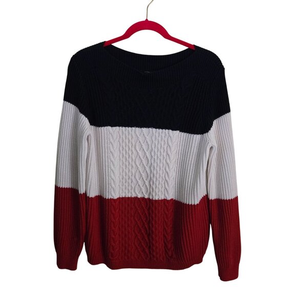 Tommy Hilfiger Patriotic Red White Blue CableKnit Crewneck Sweater Size M - Picture 2 of 6